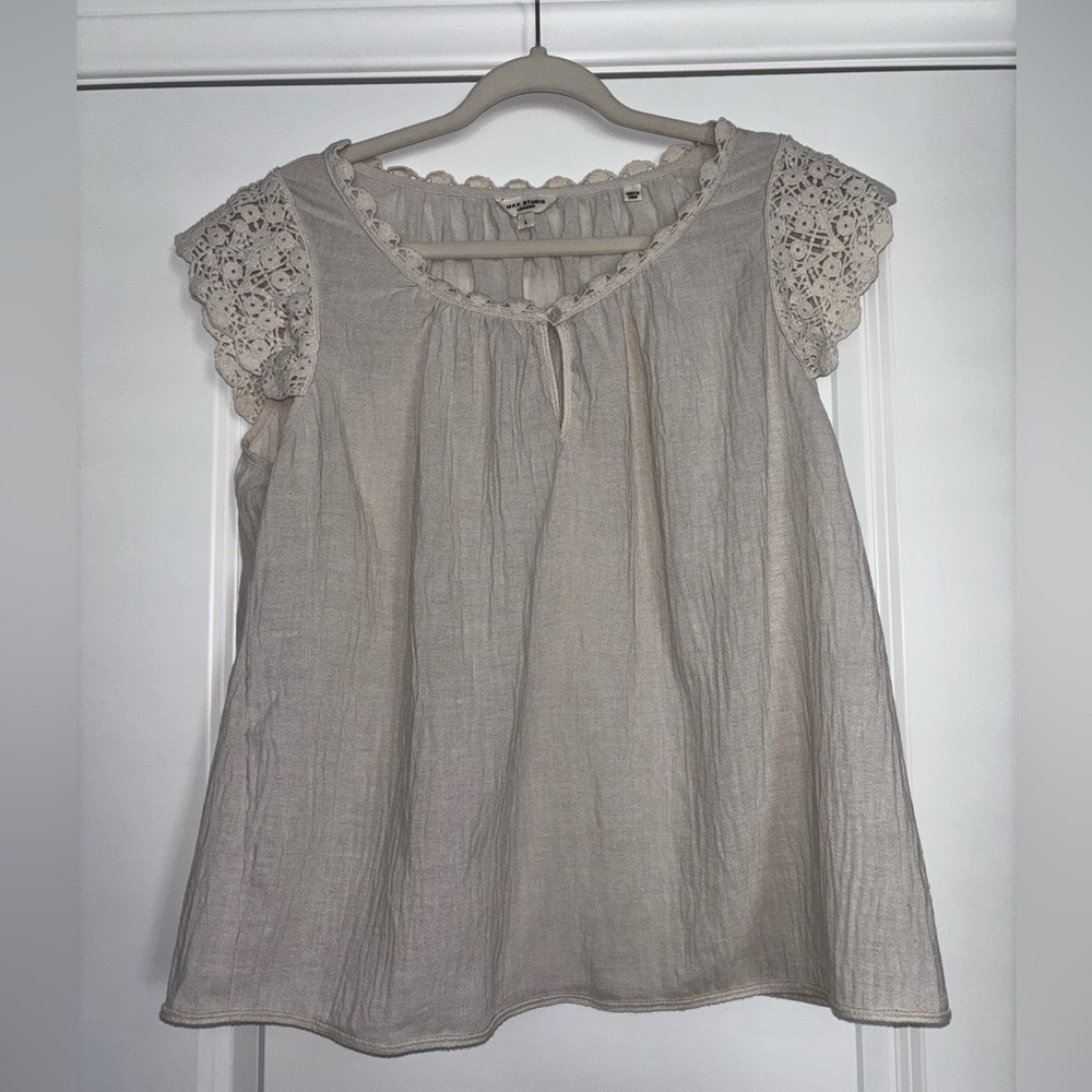 Max Studio London Cream Crochet 
Sleeve Cottagecore Boho Peasant Top
Large